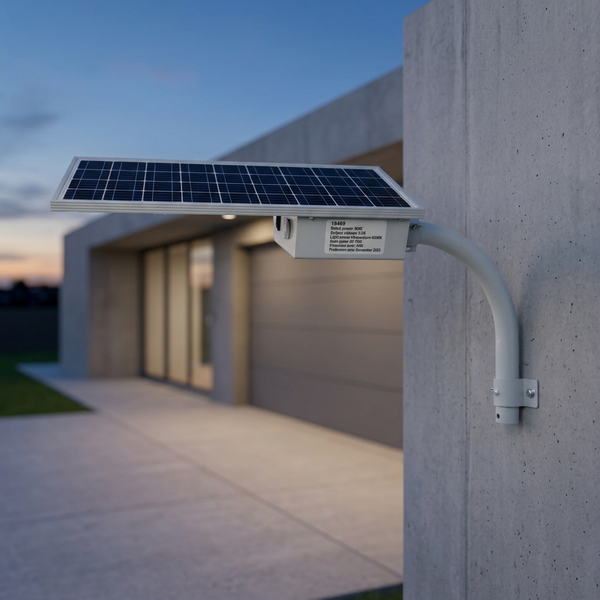 80W Solar Street Light mounted on a wall, showcasing solar panel for outdoor lighting.