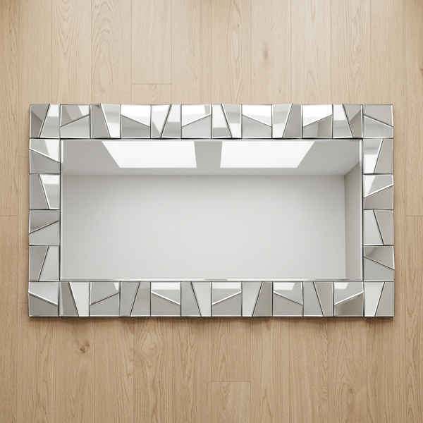 Large Decorative Geometric Wall Mirror with a stylish rectangular design and artistic mirrored frame.