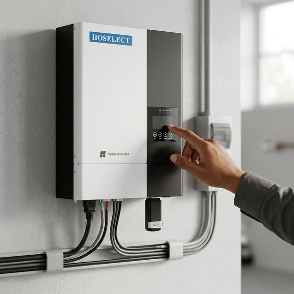 48V 5.5kW Solar Inverter with WiFi Dongle mounted on a wall, being operated by a hand.
