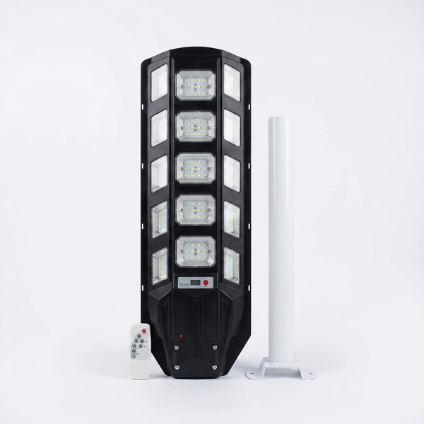 500W Solar Street Light with Motion Sensor featuring LED panels, remote control, and installation pole.
