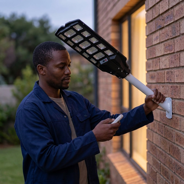 Man installing a 500W Solar Street Light with Motion Sensor on a brick wall.