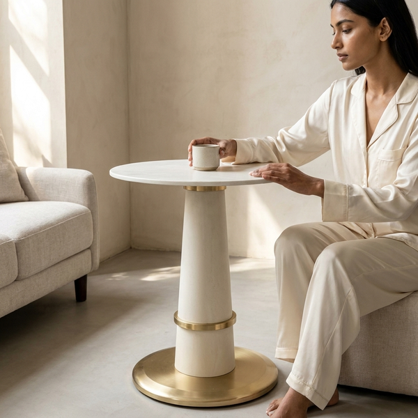 White Round Side Table with Gold Base