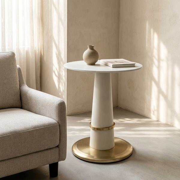 White Round Side Table with Gold Base