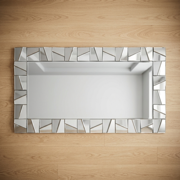 Large Decorative Geometric Wall Mirror with a reflective silver frame, ideal for adding elegance to interior spaces.