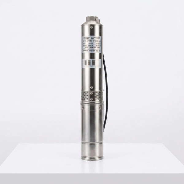 DC Submersible Water Pump displayed on a white table, showcasing its cylindrical design and power cable.
