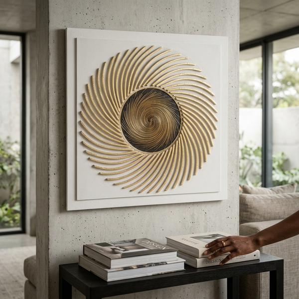 Abstract Spiral Decorative Wall Art displayed on a wall above a black table with books.