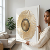 Woman holding Abstract Spiral Decorative Wall Art featuring a flowing spiral pattern with a central circular design.