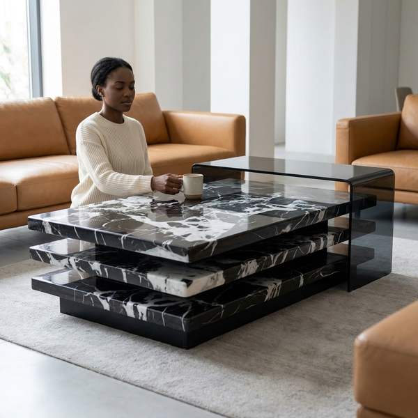 Modern Black Marble-Look Rectangular Coffee Table