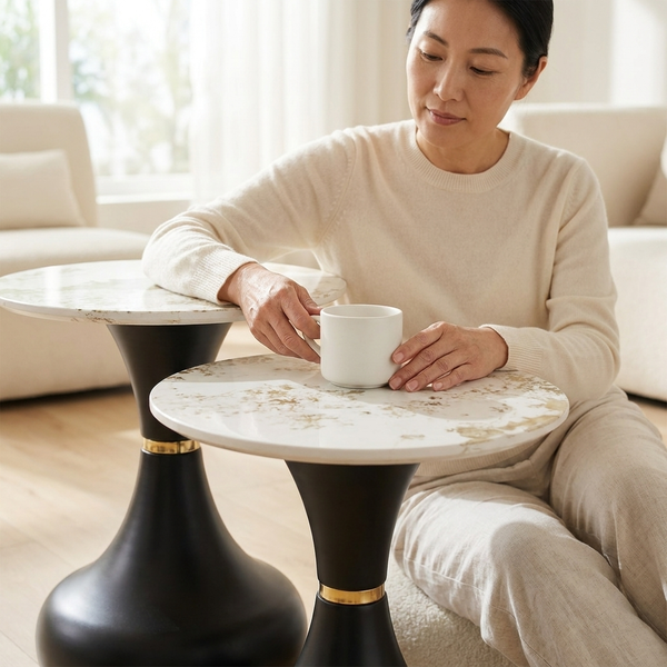 Set of 2 Oval Marble-Look Coffee Tables