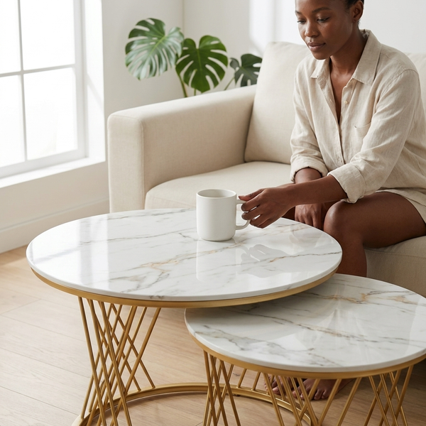 Round Marble-Look Coffee Table