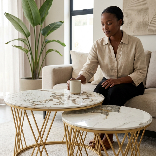 Round Marble-Look Coffee Table