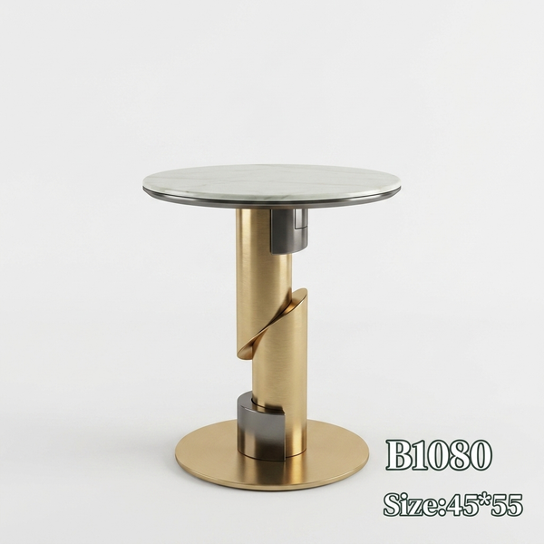 Round Pedestal Side Table featuring a sleek design with a marble top and unique spiral pedestal base.
