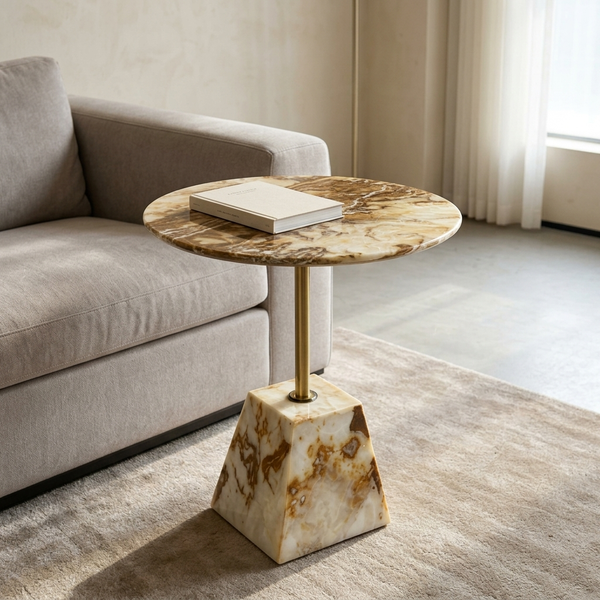 Round Marble-Style Pedestal Side Table