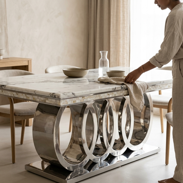 Modern Rectangular Dining Table with Decorative Metal Base