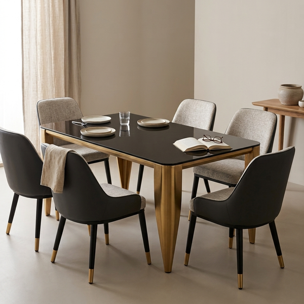Modern Luxury Black Glass Dining Table with Gold Finish