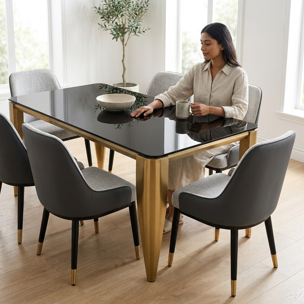 Modern Luxury Black Glass Dining Table with Gold Finish