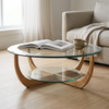 Round Glass Coffee Table with Curved Wood Base
