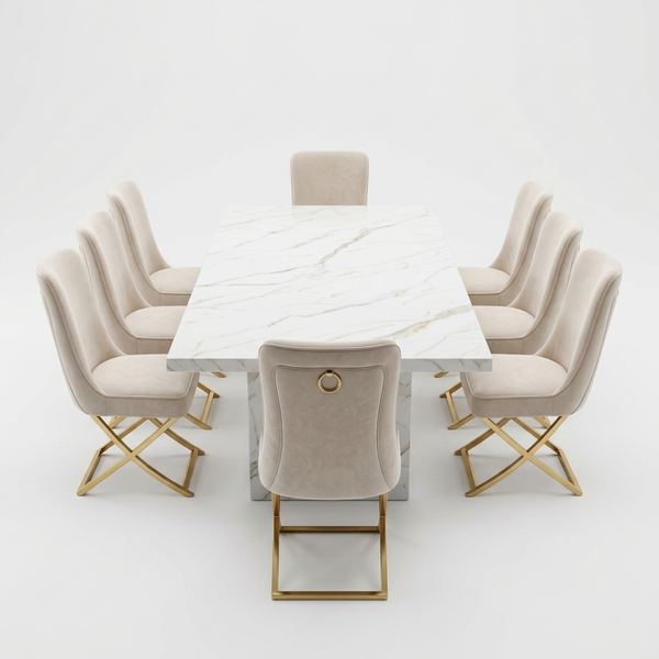 Modern Marble-Style Dining Table Set with Upholstered Chairs