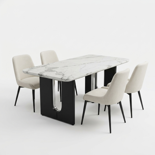 Modern Light Marble-Look Dining Table and Chair Set