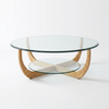 Round Glass Coffee Table with Curved Wood Base