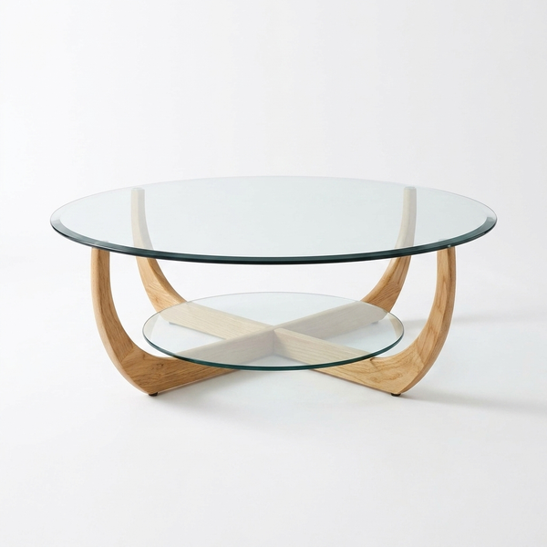 Round Glass Coffee Table with Curved Wood Base