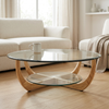 Round Glass Coffee Table with Curved Wood Base