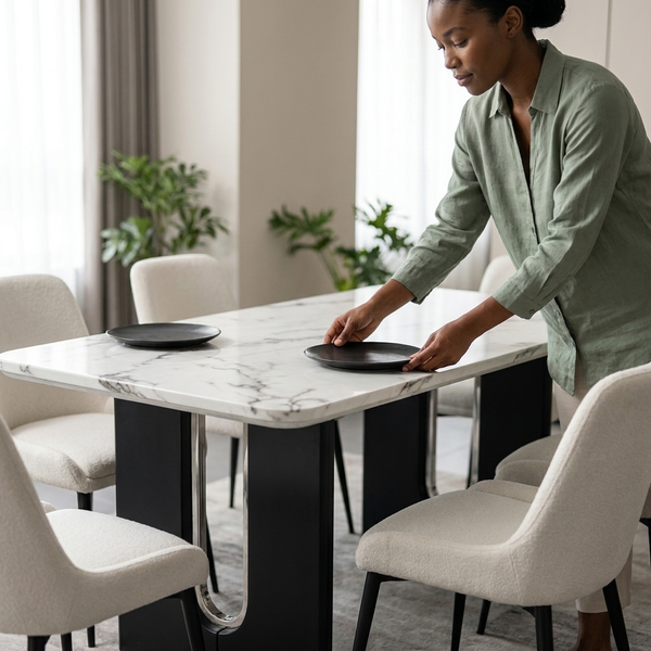 Modern Light Marble-Look Dining Table and Chair Set