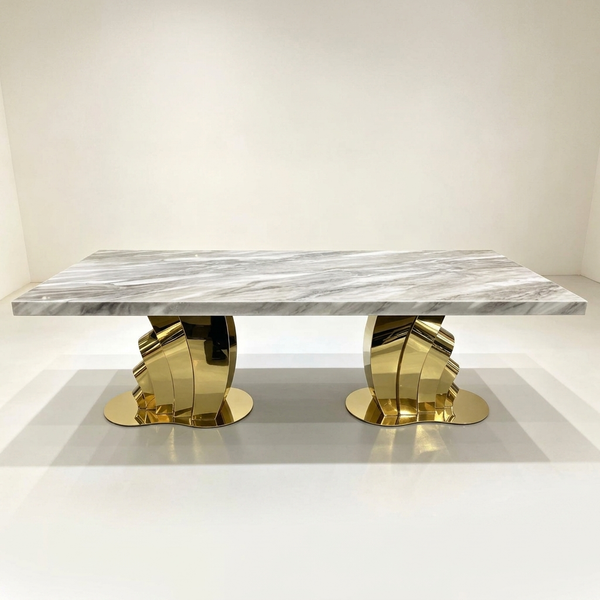 Grey Marble Dining Table with Gold Fan Base