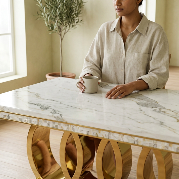 Modern Rectangular Dining Table with Decorative Metal Base