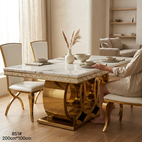 Modern Rectangular Dining Table with Decorative Metal Base
