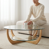 Round Glass Coffee Table with Curved Wood Base