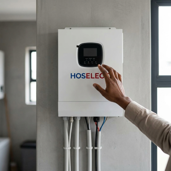 3.5kW 24V Hybrid Inverter mounted on a wall with a person adjusting the control panel.