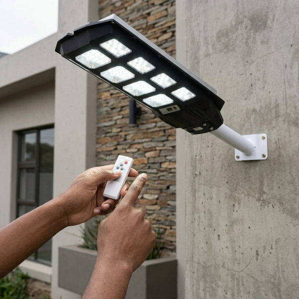400W Solar Street Light with Motion Sensor and Remote, user operating remote control for outdoor lighting.