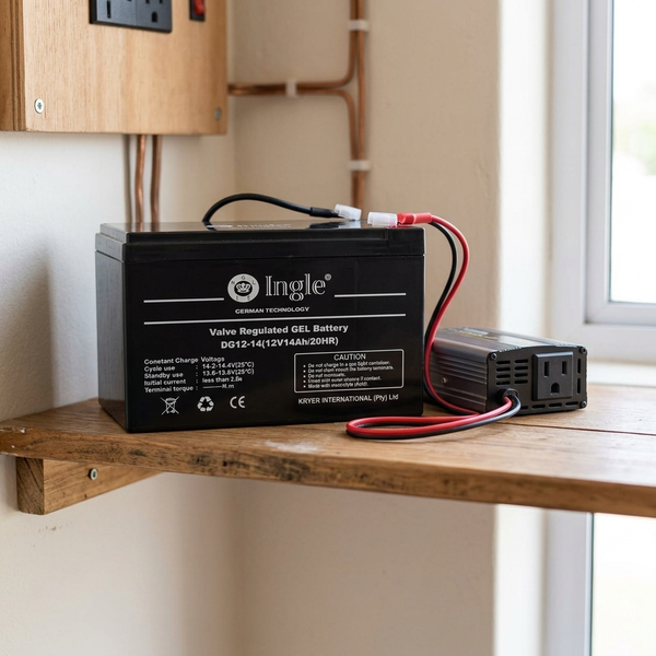 18Ah GEL Battery on a shelf in a home setting, showcasing its valve-regulated design and compact size.