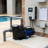 PSP16LT-14M-96V-750W Solar Pool Pump with external controller and connection fittings near a swimming pool.