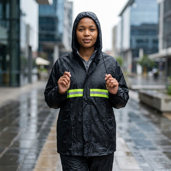 Woman wearing One Size Rain Coat with Reflective Strips in the rain on a city street, showcasing its waterproof design.