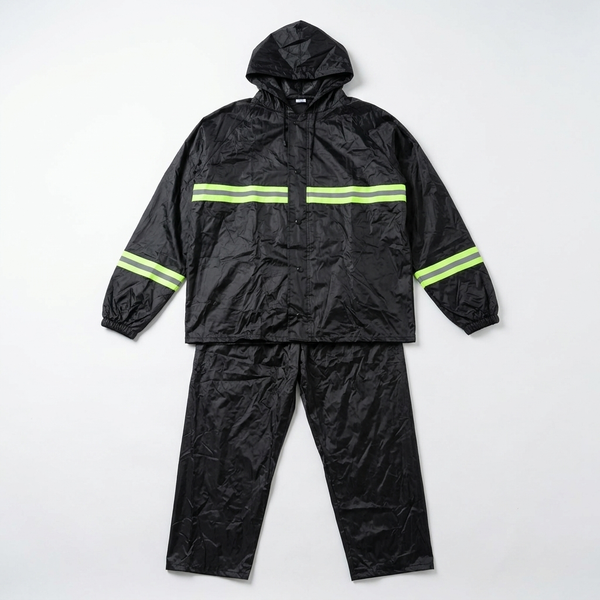 One Size Rain Coat with Reflective Strips displayed in a two-piece design, featuring a hood and reflective strips for visibility.