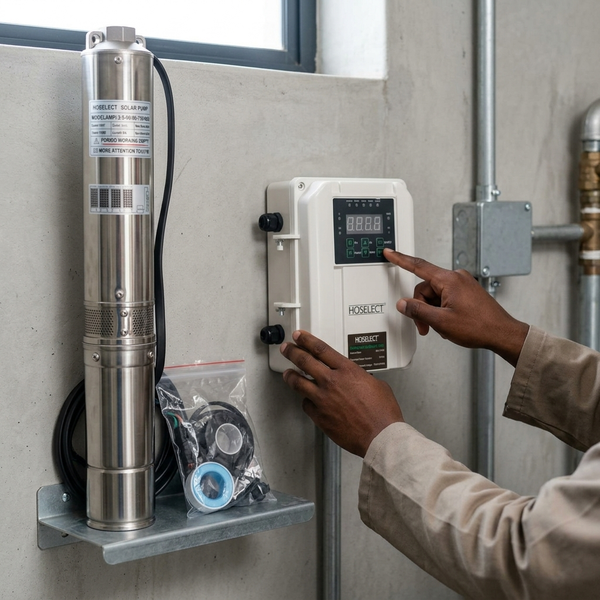 DC Submersible Pump 4IHPI3.5-90-96-750 with controller and accessories mounted on a wall.