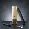 Hair Clipper - Rechargeable Cordless Hair Trimmer with gold design, comb, and cleaning brush on a dark background.