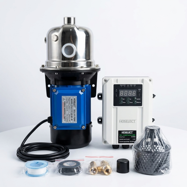 PSGJ3.1-40-96-750 Solar Surface Pump with stainless steel body and controller accessories.
