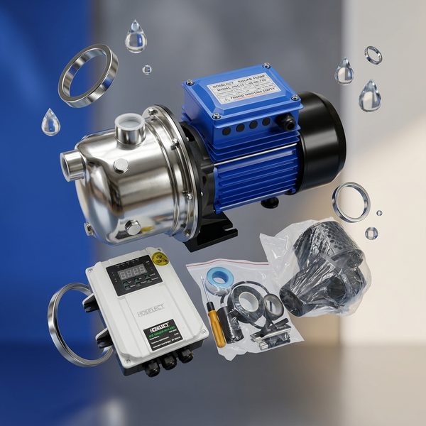 PSGJ3.1-40-96-750 Solar Surface Pump with controller and installation accessories on a blue background.