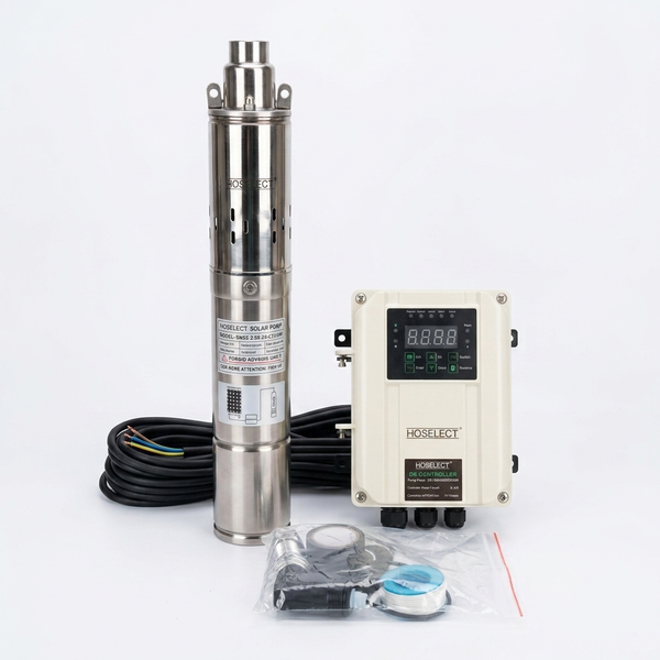 DC Submersible Pump 3IHS1.2-65-24-250, stainless-steel pump, controller, cable and connection accessories.