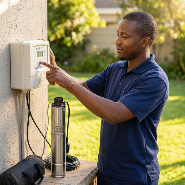 Man operating the controller for DC Submersible Pump 3IHS1.2-65-24-250 in a garden setting.