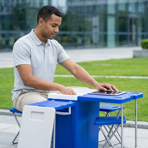 28L Cooler Box and Folding Table Chair Set Blue