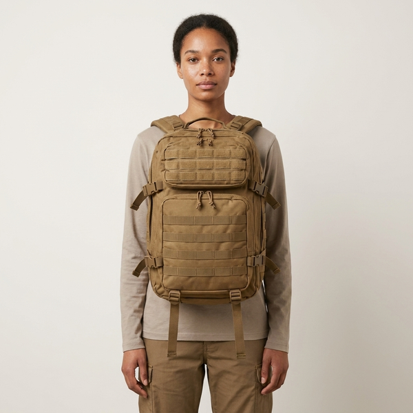 Tactical Coyote Brown Rucksack shown on a model highlighting its multi-compartment and outdoor design.