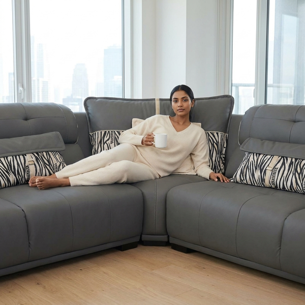 Woman relaxing on an L-Shaped Sectional Sofa, sipping coffee, in a stylish modern living room.
