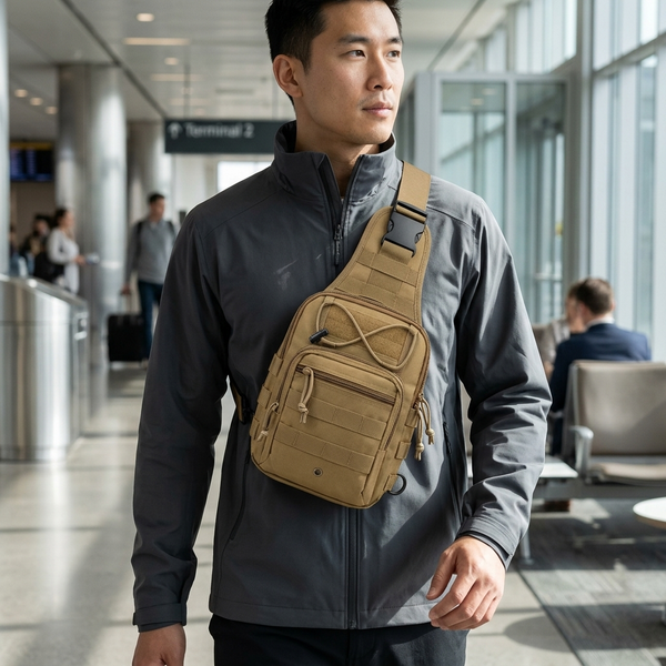 Person carrying a Single Strap Backpack with multiple storage pockets in an airport setting.