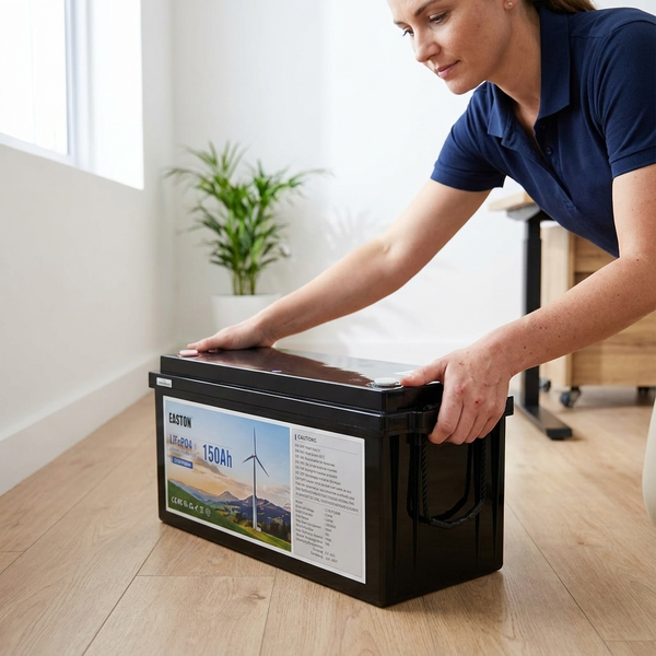 Person setting down a 12.8V 150Ah LiFePO4 Lithium Battery on a wooden floor.
