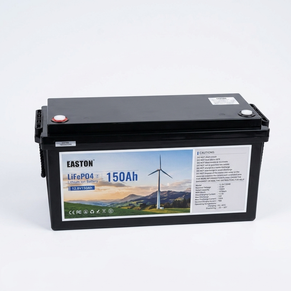 12.8V 150Ah LiFePO4 Lithium Battery in a black casing with safety labels and wind turbine background.