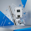 AC-DC Borehole Water Pump 4SSHi-H17.0-100-280-2200 with external controller and accessories on a blue background.